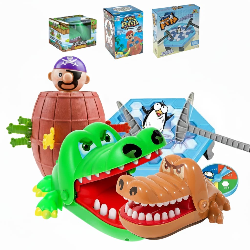 Kit Jogos Completo Quebra Pinguim + Pula Pirata + Crocodilo Morde Dede Brinquedo Interativo de Mesa