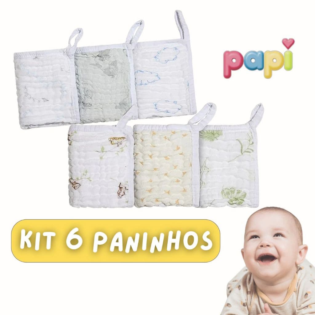 Paninho Boca Papi Soft Bamboo Premium 25x25cm | Kit 6 Fraldinha com Prendedor de Chupeta