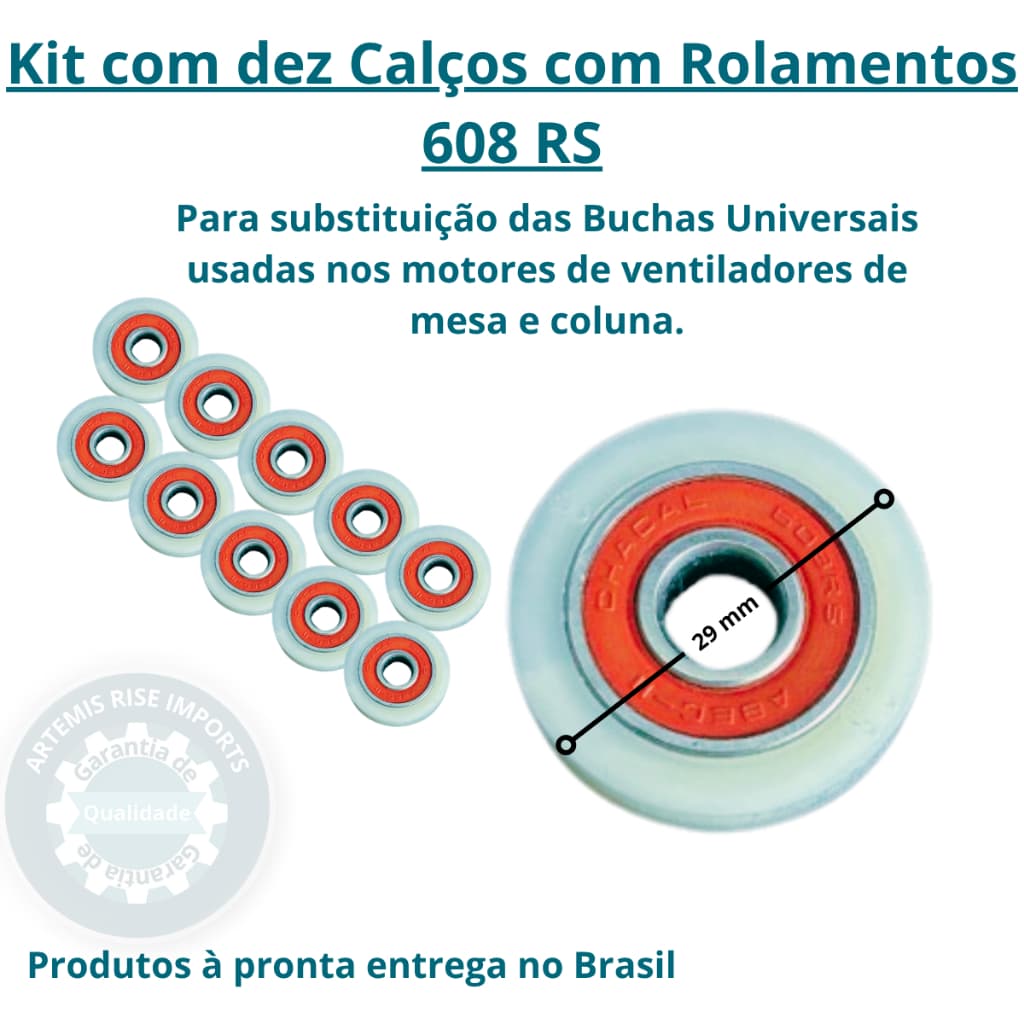 Kit 10 Calços com Rolamento 608RS 29mm para Ventilador 30cm e 40 cm - Compatível
