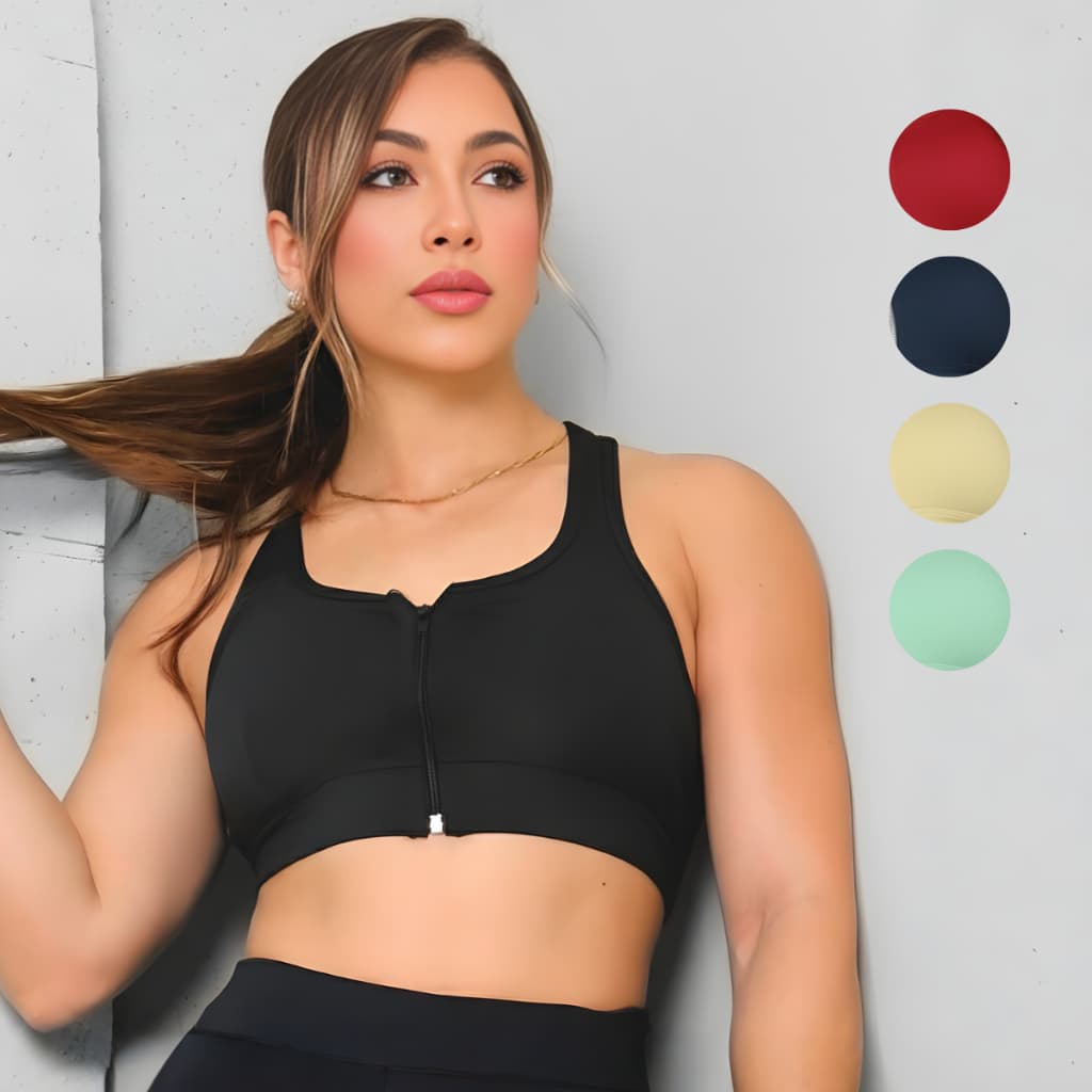 Top Fitness Feminino Com Zíper Frontal Sustentação Alta Performance Bojo Removível