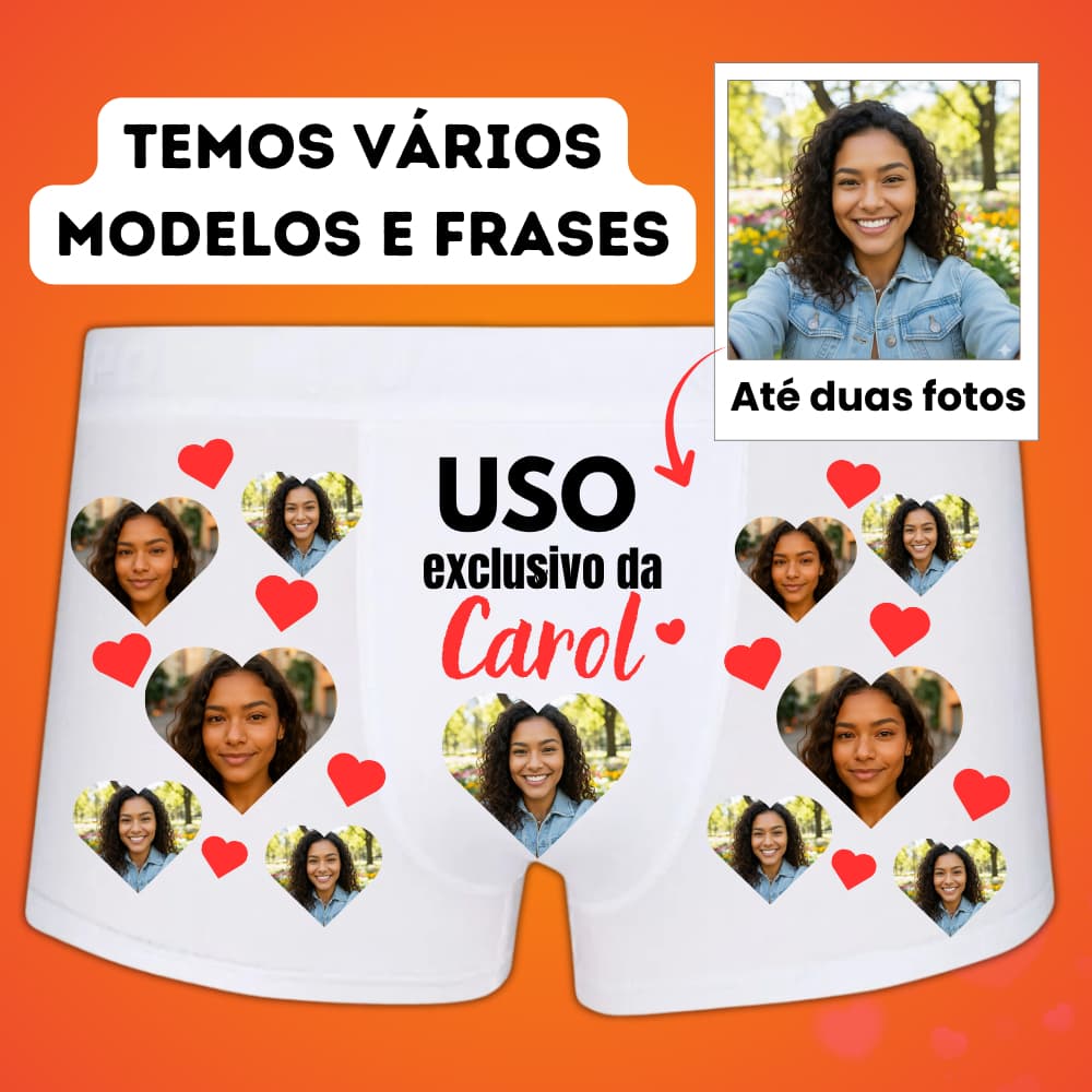 Cueca Personalizada com Foto Namorada Coração Presente Criativo Boxer -  P, M, G, GG