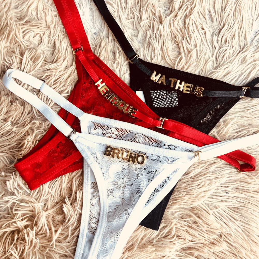 Calcinha Ajustável com Nome/Frase ou Letras Personalizada de Renda Sexy
