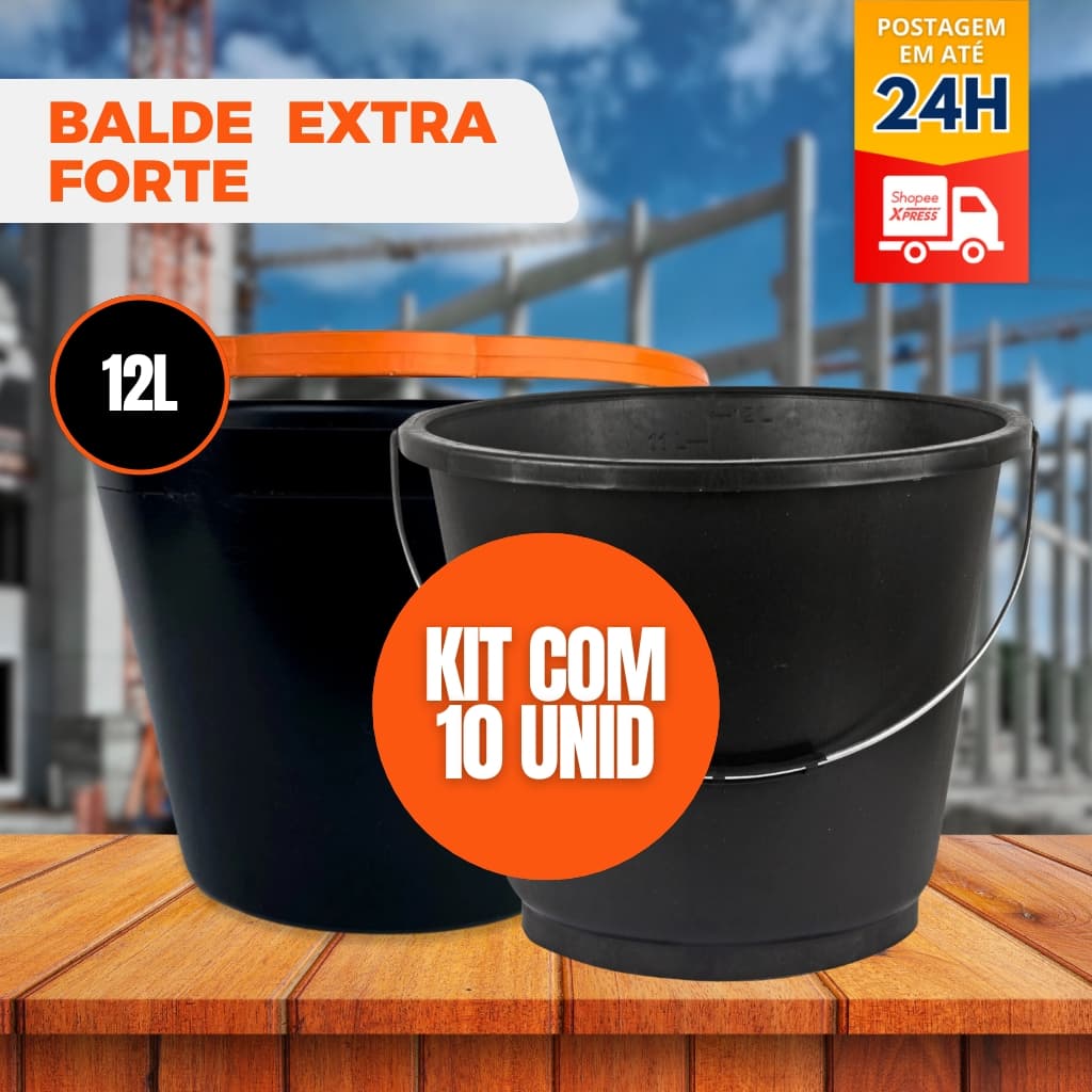 Kit 10 Balde Plástico EXTRA FORTE 12 Litros Alça Resistente e Reforçada obras Limpeza Reforma
