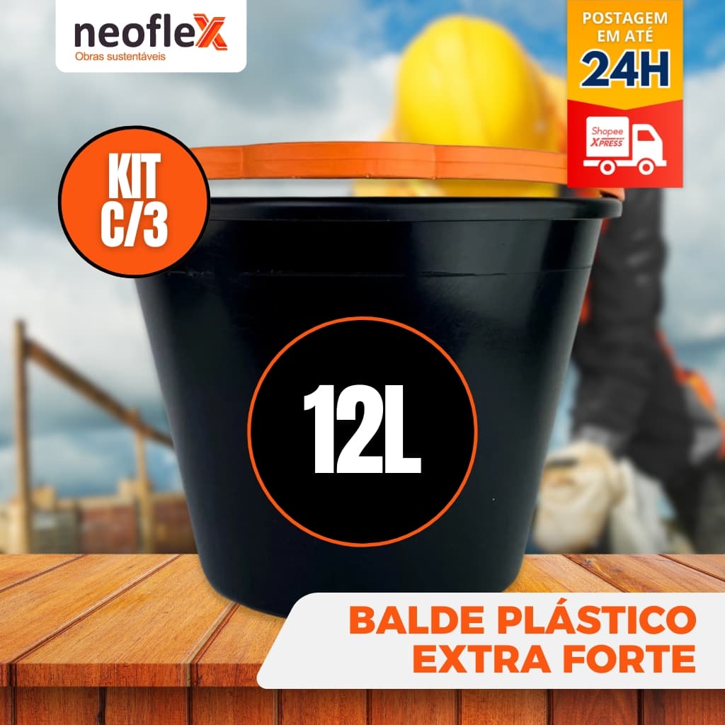 Kit 3 Balde Plástico EXTRA FORTE 12 Litros Alça Resistente e Reforçada obras Limpeza Reforma