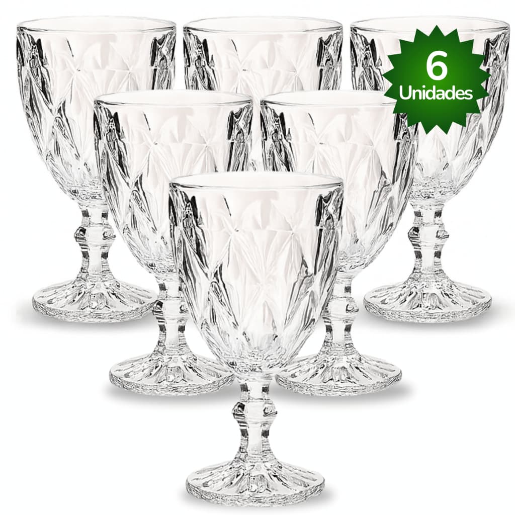 Jogo Kit 6 Taça Diamante Copo Vidro Transparente Bico De Jaca 330ml