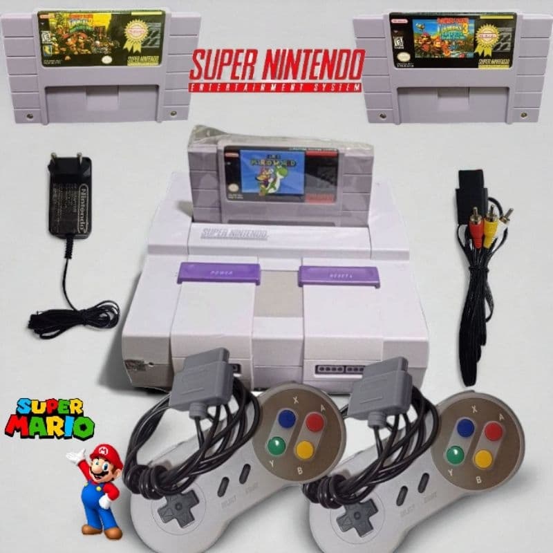 Super Nintendo Original DUPLA Donkey Kong Country + Donkey kong 3 + Mario World C/ 2 Controles