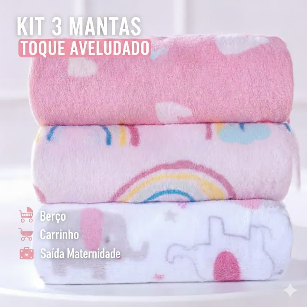 KIT 3 MANTA de bebê Cobertor do Bebe Mantinha Microfibra estampada para Kit maternidade