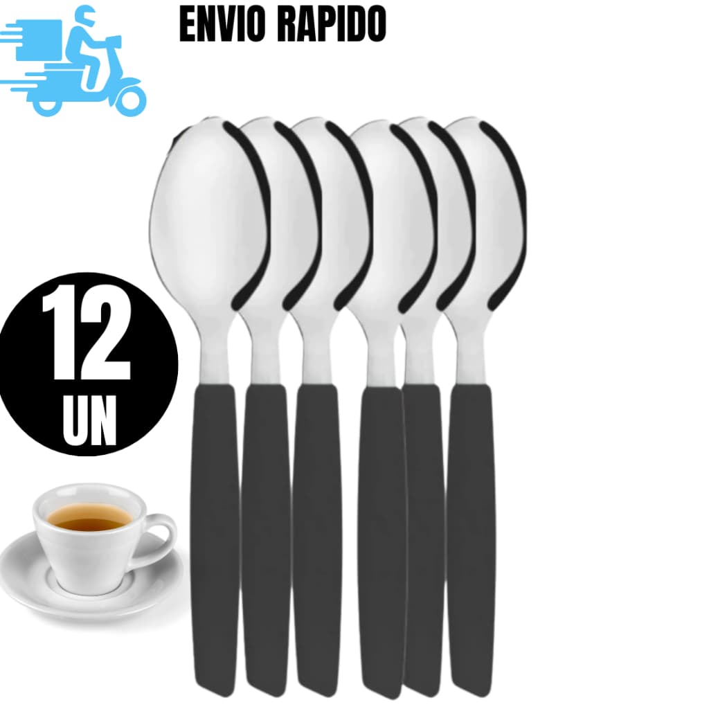 12 Unidades e 06 Unidades de  Colheres de Chá Inox Cabo Plástico Preta 13x3cm Resistente Linha home&More
