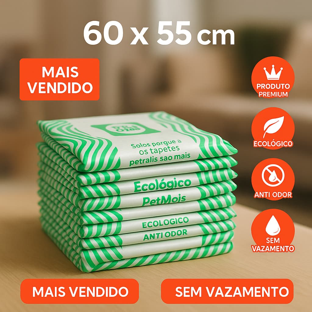 Tapete Higiênico Ecológico PetMais 60x55cm • Anti Odor • Sem Vazamento • Produto Premium