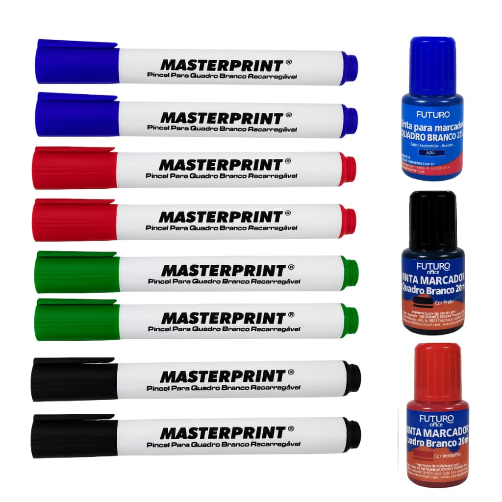 Tinta + Caneta para Quadro Branco Kit com 2 Canetas + 1 Tinta Marcador Apagável e Recarregável