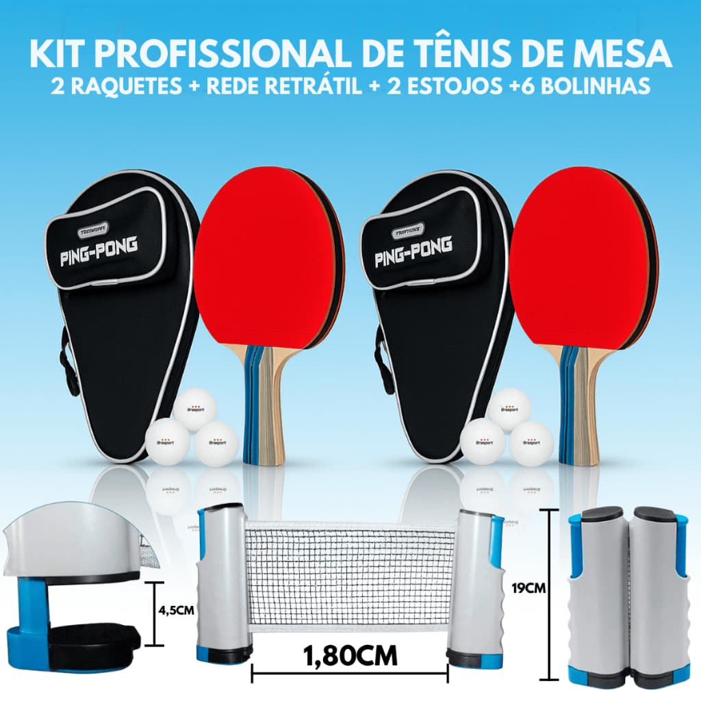 Kit 2 Raquete Profissional 1 Rede Retrátil com 1,80 + 2 Estojos + 6 Bolinhas Ping Pong Tênis de Mesa