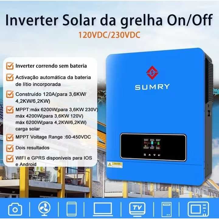 SUMRY-Inversor Solar Híbrido, Onda Senoidal Pura, MPPT, 6.200W, 48V a 220V, Carregador Solar