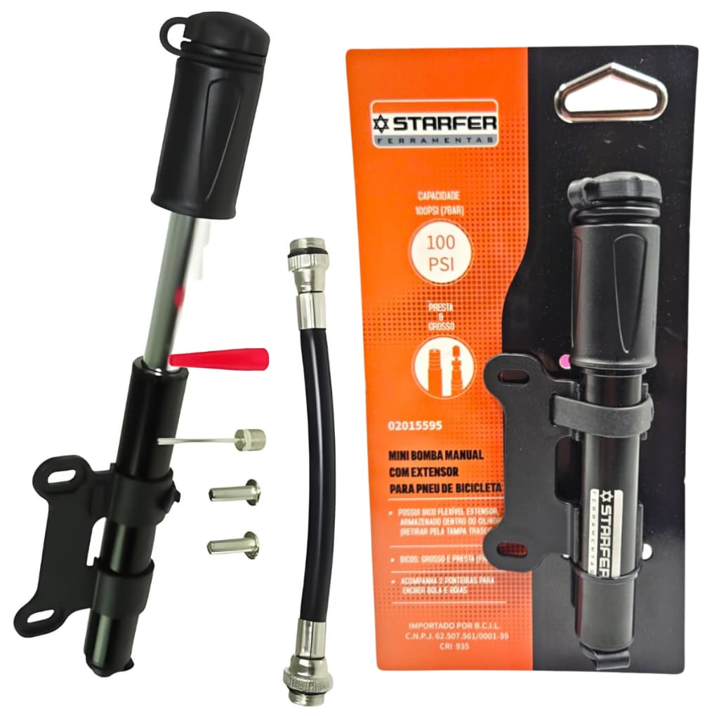 Mini Bomba Manual 100 PSI com Extensor Ideal para Encher Pneu Bicicleta e Bola - Starfer