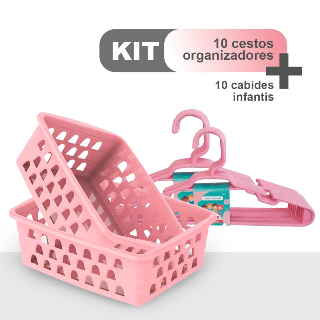 Kit 10 Cestinha Organizadora + 10 Cabides Infantil Rosa