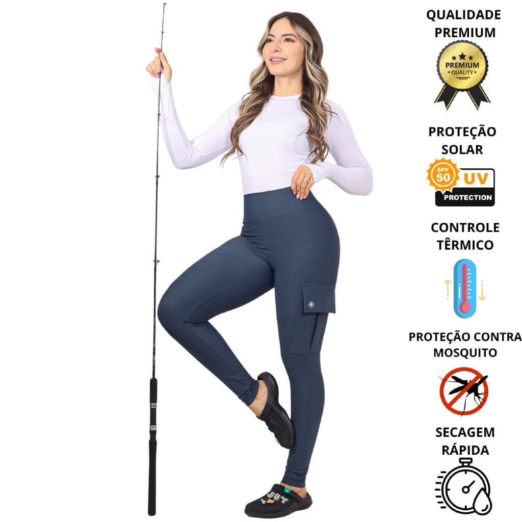 Calça de Pesca legging Feminina com Proteção Solar, Cintura Alta, Tecido Frio, Aventura e Camping