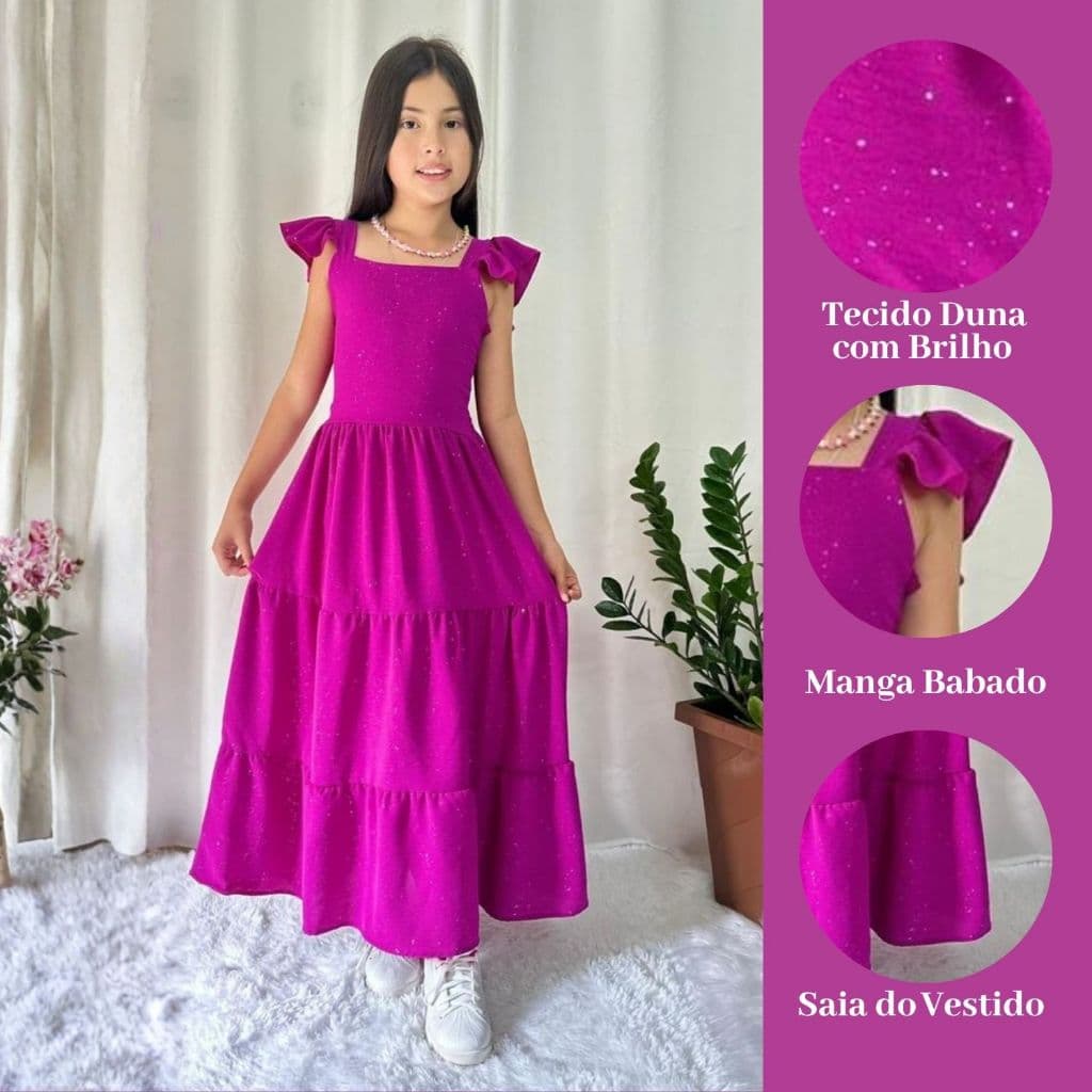 Vestido Feminino Juvenil - Disponível no 10 ao 16 , Vestido com Brilho 3 Babados com Alça Babadinho em Varias Cores