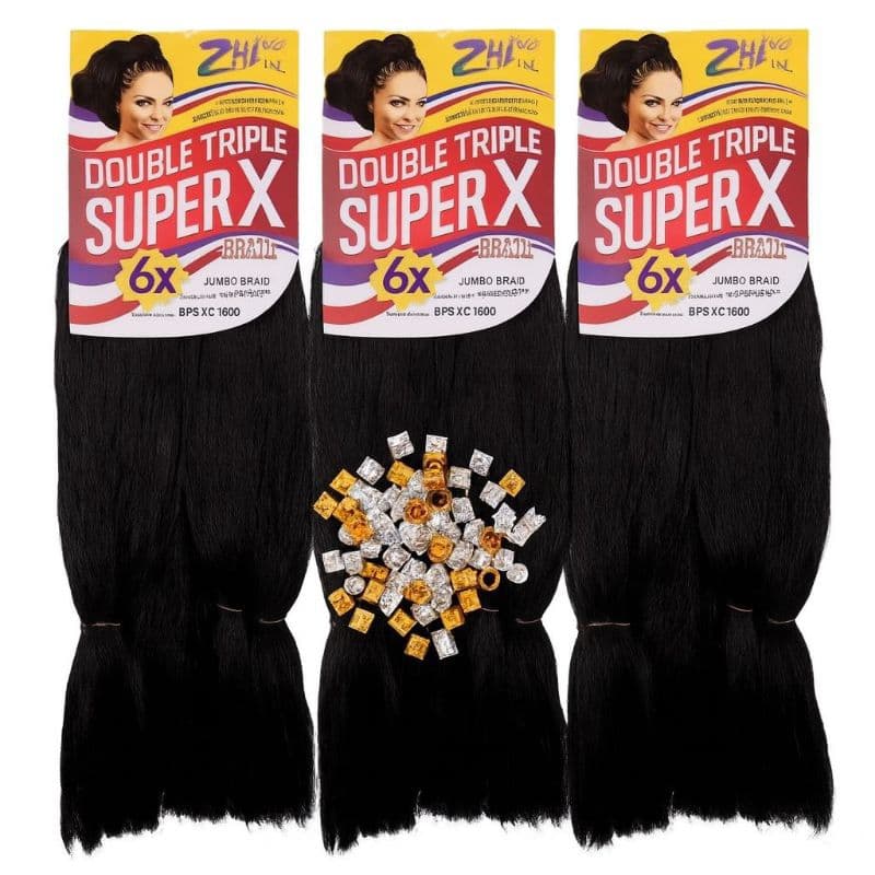 “Kit 3 Pacotes Cabelo Jumbo 6X cor 1 preto  Super X + Acessórios para Tranças zhang– Fibra Macia e Leve”