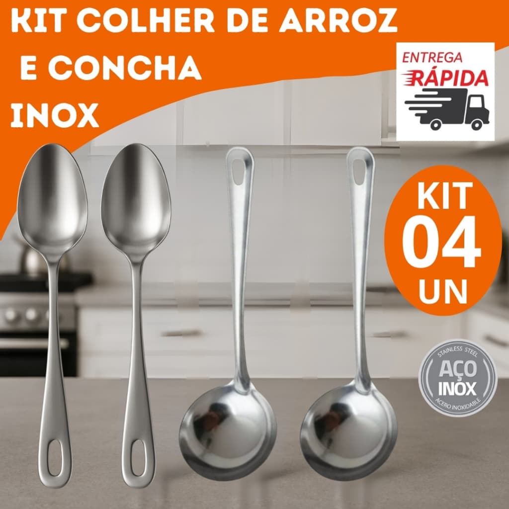 Kit  Conjunto Utensílios de Inox  Duas Concha e Duas Colheres de Arroz Para Cozinha, Restaurantes e Buffets