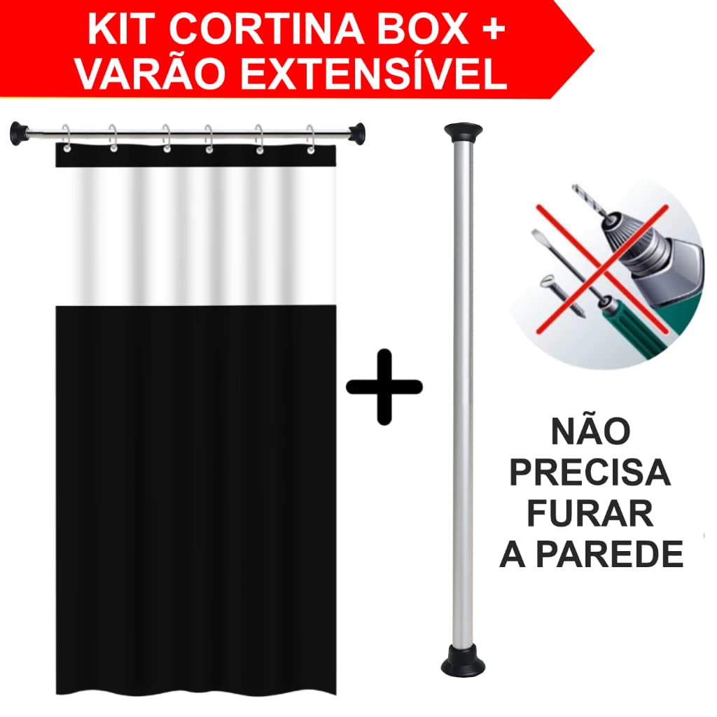 Kit Cortina Box Banheiro Varias Cores + Suporte Varão Extensivel em ALUMINIO Ajustavel 60cm a 2,0m