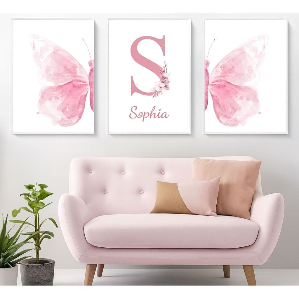 Kit 3 Quadros Decorativos Borboletas Rosas Nome Personalizado Menina Infantil Quarto