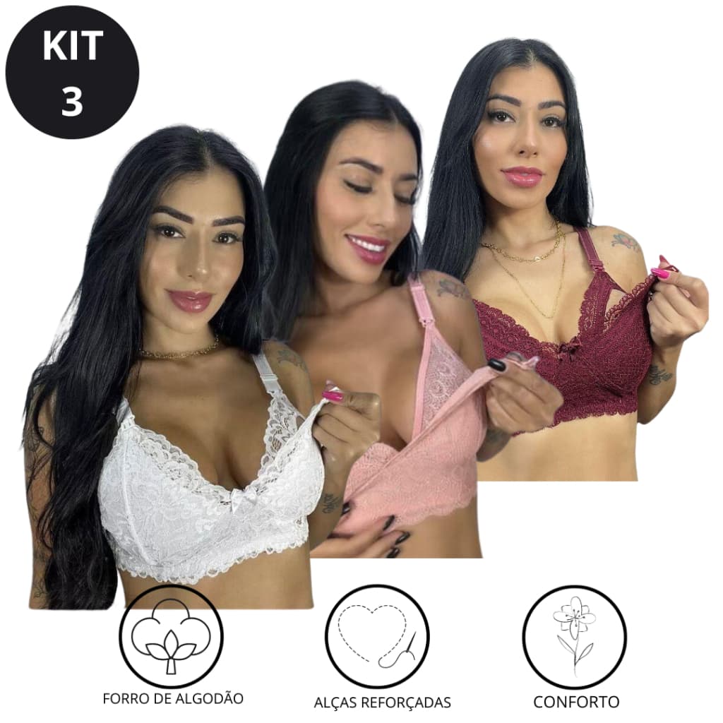 Kit 3 Sutiã Lingerie Amamentação Reforçado Renda Gestante Pós Parto
