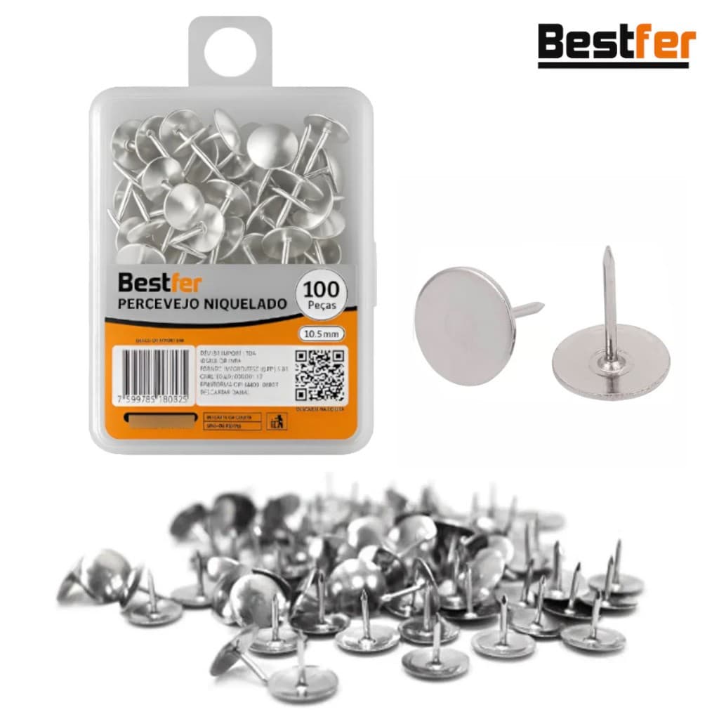 Percevejo Tachinha Prateada Tacha 10,5mm Com Estojo