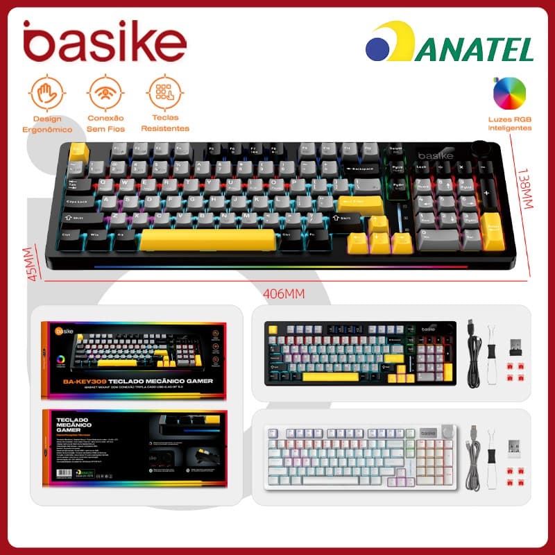 Basike Teclado Mecanico Sem Fio Bluetooth três modos Switch Vermelho troca a quente，Mecanico Gamer Ergonômico RGB，KEY309