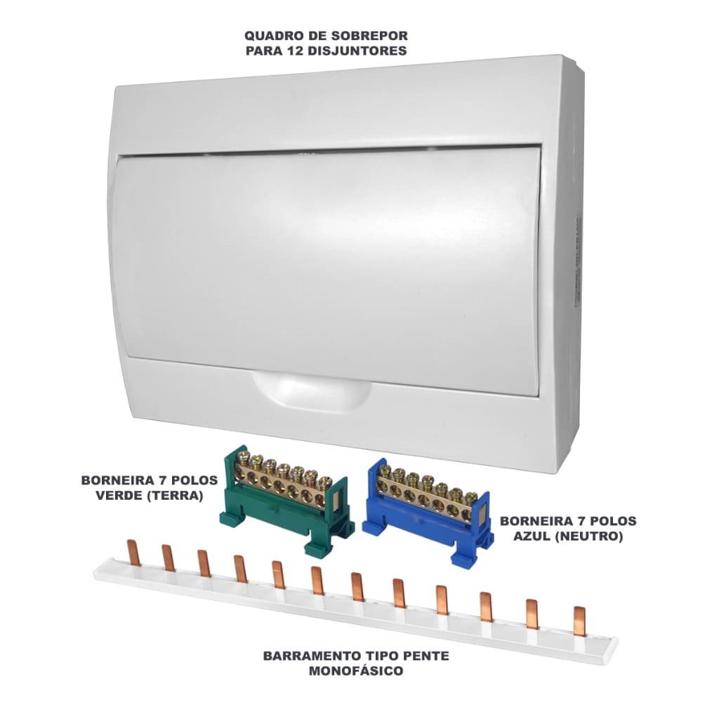 Kit Quadro Caixa de Sobrepor para 12 disjuntores com Barramentos