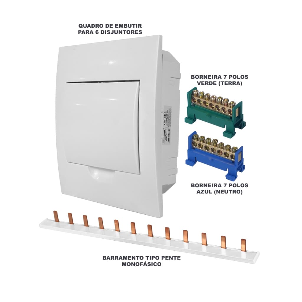 Kit Quadro Caixa de Embutir para 6 disjuntores com Barramentos