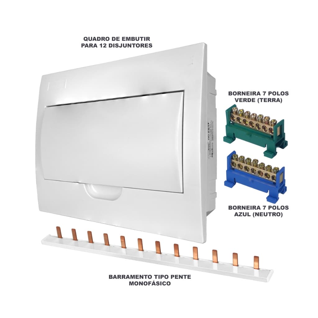 Kit Quadro Caixa de Embutir para 12 disjuntores com Barramentos