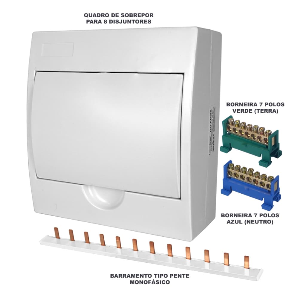 Quadro de Distribuição Sobrepor 8 Disjuntores com Barramentos Kit Completo Caixa Elétrica Residencial Profissional