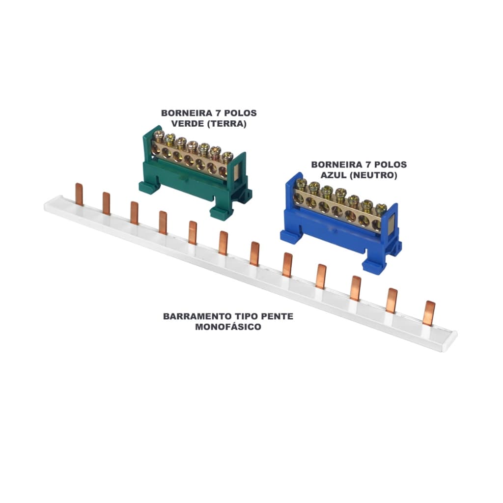 Kit barramento pente monofasico com barramento terra e neutro 7 polos