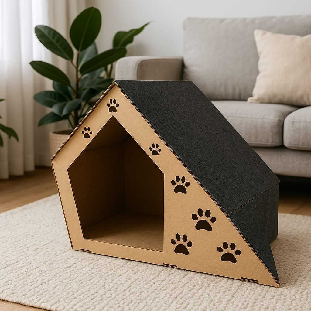 Casinha De Gato Com Arranhador Na  Rampa Em Mdf Crú