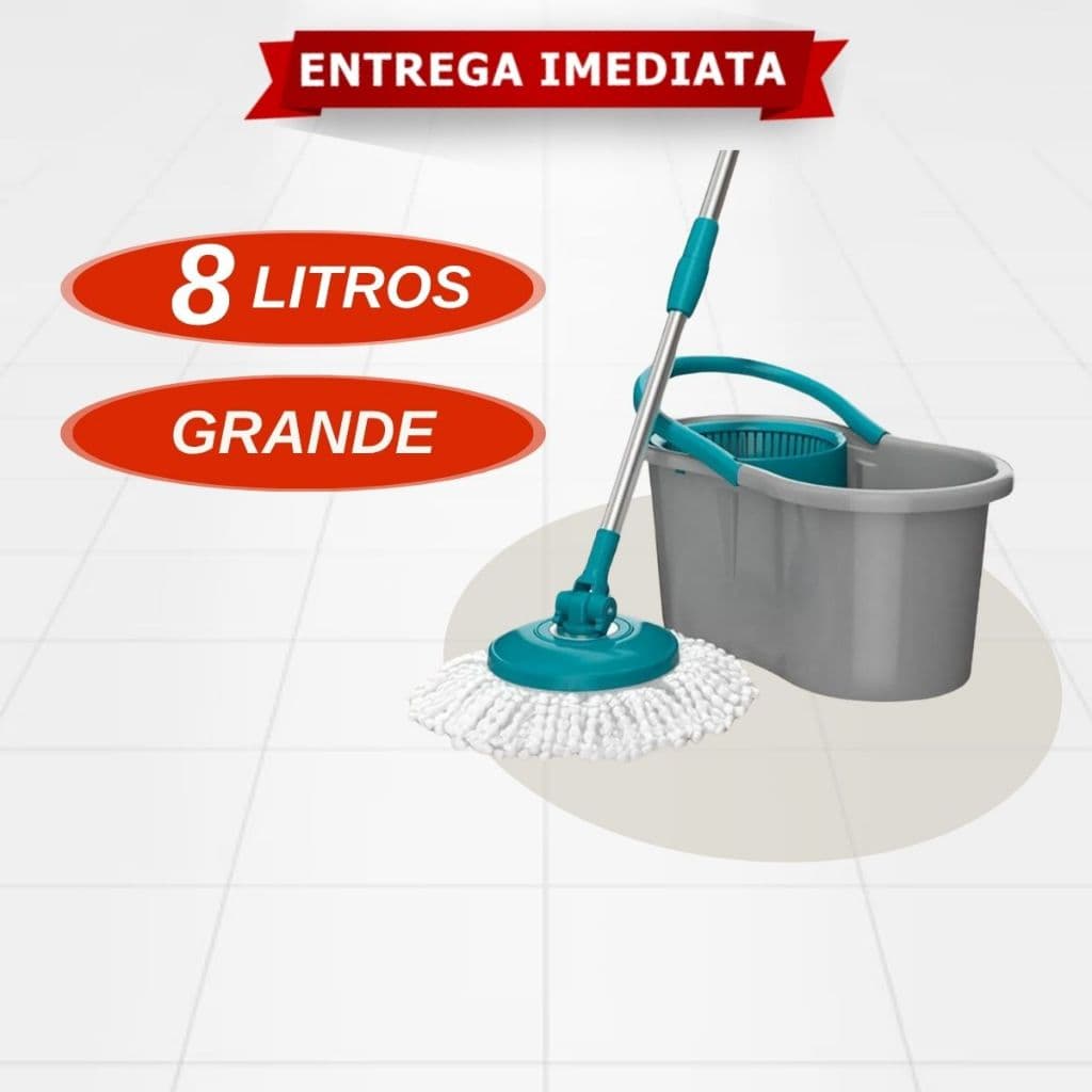 Mop Giratório 8 Litros Fit Cesto Plástico Esfregão Microfibra Cabo Inox