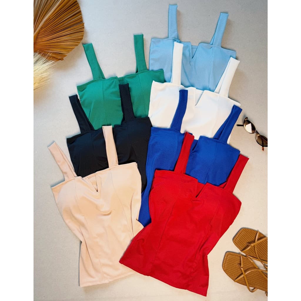 Blusa Regata Feminina Canelada Alcinha Decote V Com Bojo Tecido Ribana