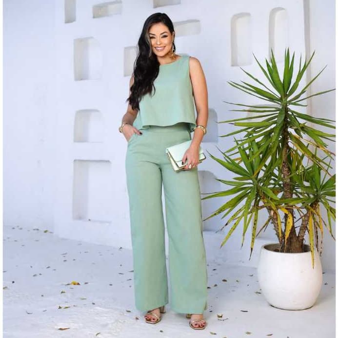 Conjunto Alfaiataria Social Feminino Calça e Blusa Em Linho