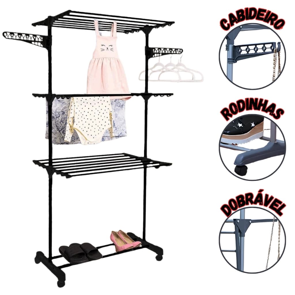 Varal Chão 3 Andares Dobrável Aço Reforçado Com Rodinhas Premium Envio Imediato Preto/Cinza/Azul