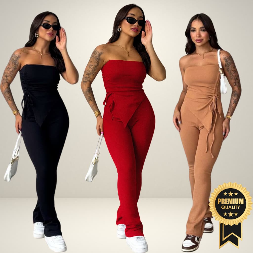 Conjunto Feminino Tomara que Caia e Calça Flare Cropped Blusinha Com Regulagem  Moda Gringa 36 ao 44