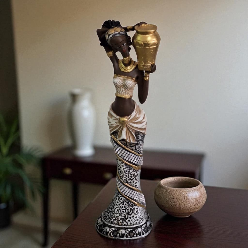 Estatueta decorativa mulher africana top e saia com jarro nos ombros, escultura em gesso alto relevo