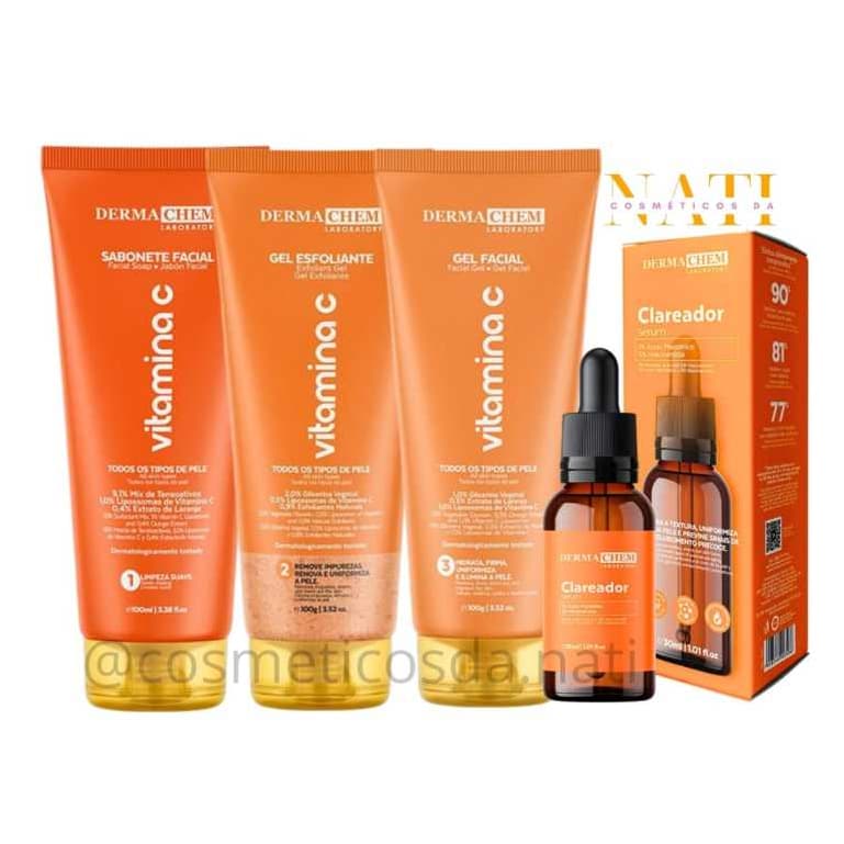 Kit Skin Care Vitamina C Limpeza de Pele Clareador Dermachem Serum clareador Sabonete Gel Esfolainte