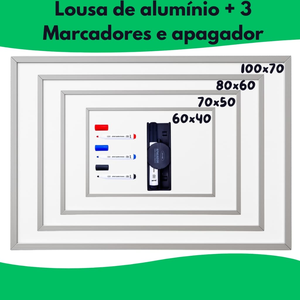 Quadro Lousa Branco Escolar Moldura em Alumínio + 3 Marcadores e 1 Apagador