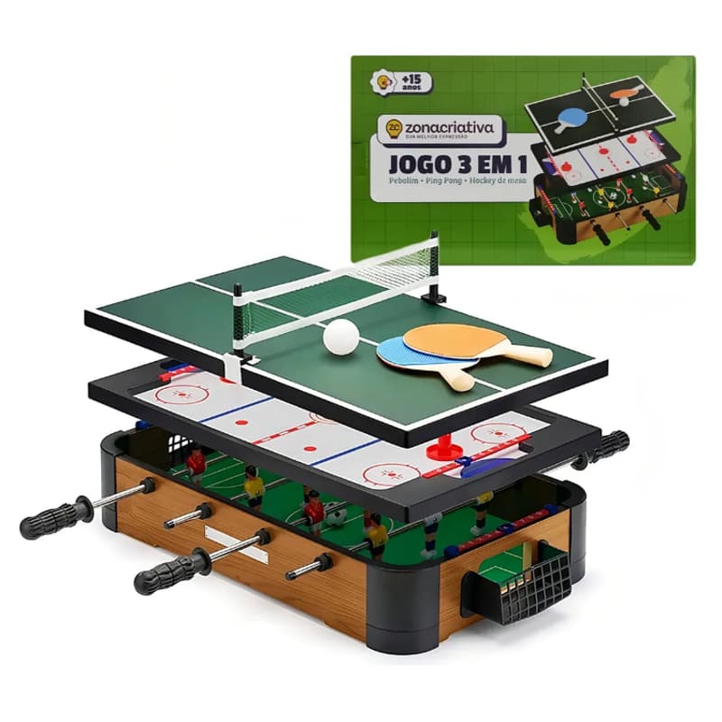 Jogo 3 Em 1 Pebolim Totó Ping-pong Hockey De Mesa 59x30cm Verde