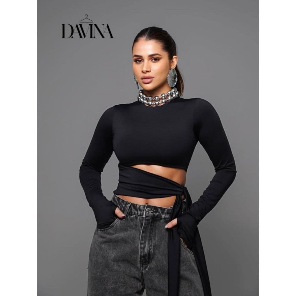 Blusas Cropped Feminino Suplex Manga Longa com Amarração na Cintura Disfarça Barriga Moda Gringa