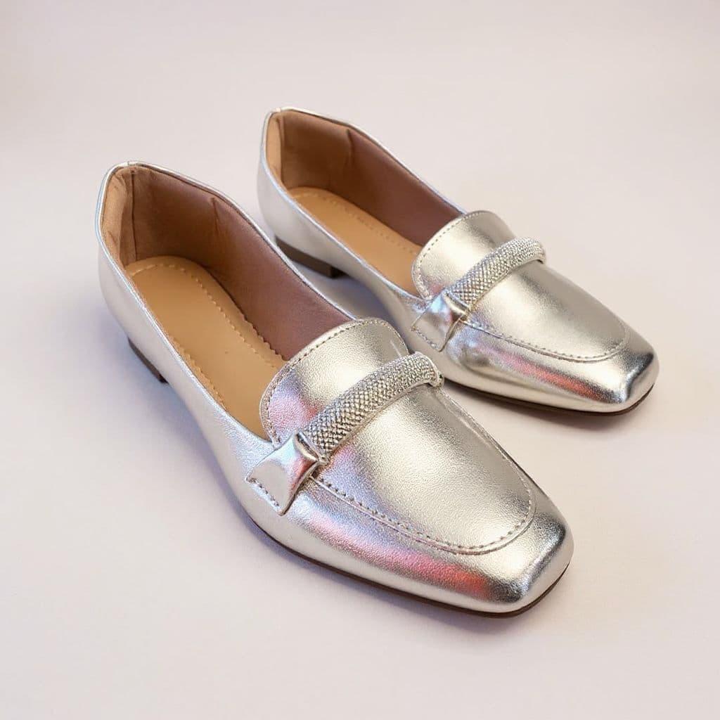 Sapatilha Feminina Confortável Luxo Elegante Mocassim Sapato Feminino Bico Quadrado Prata Strass