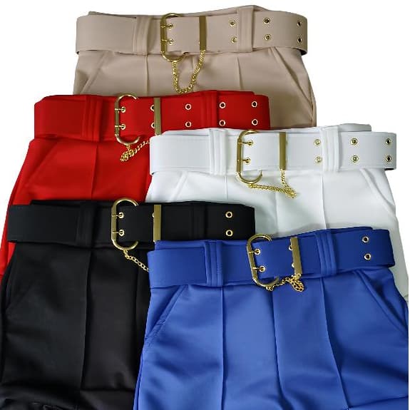 Short Feminino Neoprene Cintura Alta com Cinto Dourado – Bolsos Laterais | Estilo | Conforto