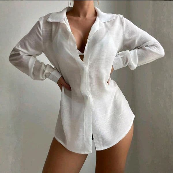 Chamise Saída de Praia Feminino com Botão Max Camisão Manga Longa Blusão Plus Size Kimono Camisa Feminina Moda Verão