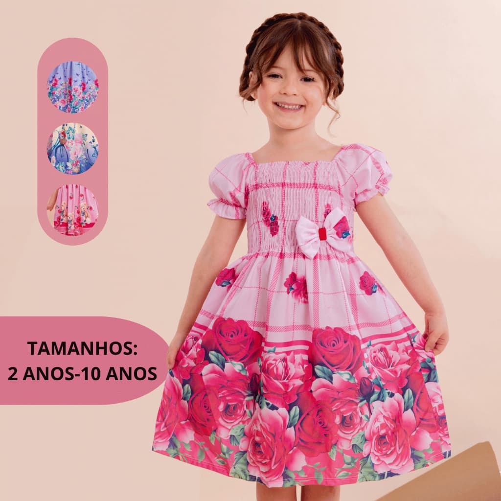 Vestido Feminino Infantil Manga Bufante Estampa Digital Flores Colorido