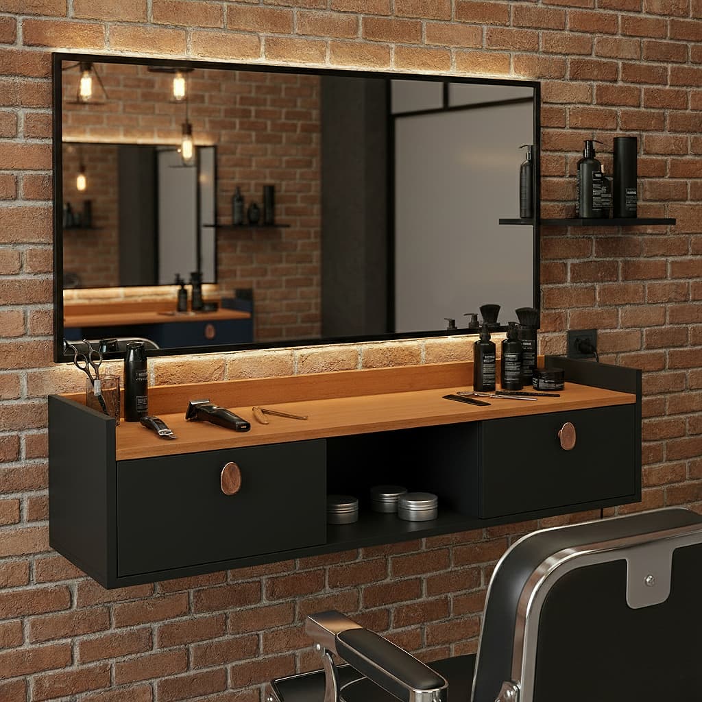 Bancada Suspensa Para Salão Cabeleireiro Barbearia e Manicure Vegas 2 Portas e Nicho Retrô 0.90CM