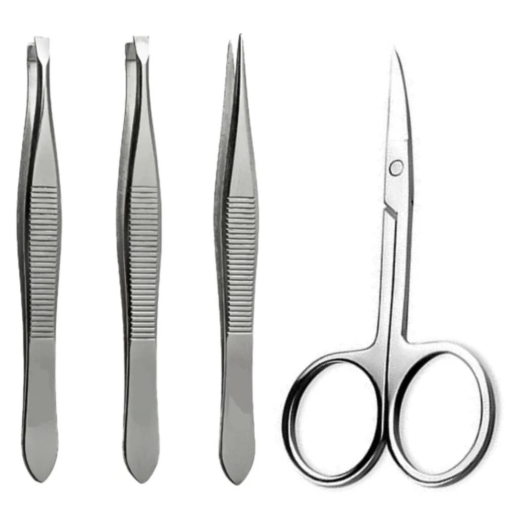 Kit 3 Pinças Profissional (Reta + Chanfrada + Ponta Agulha) + Tesoura Tesourinha Sobrancelhas