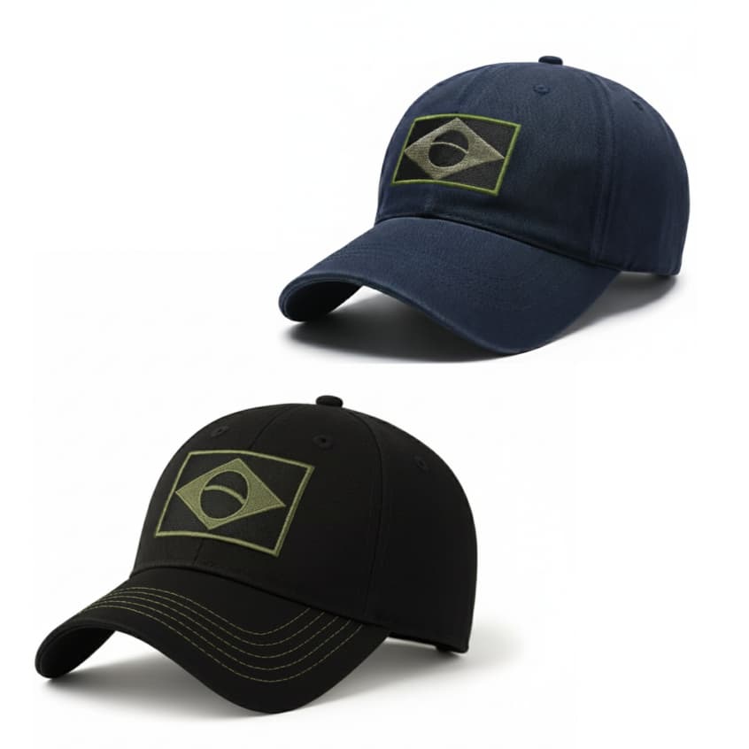 Kit 2 Bonés Camuflagem Exército Bordado Bandeira do Brasil Patriota Tático Militar Esportes Casual Masculino Preto Azul